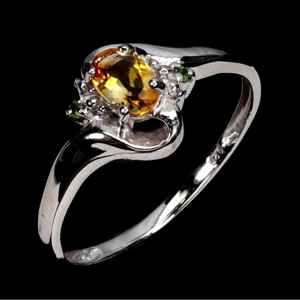 Natural Citrine and Chrome Diopside in 925 Sterling Silver Ring. Size 9.